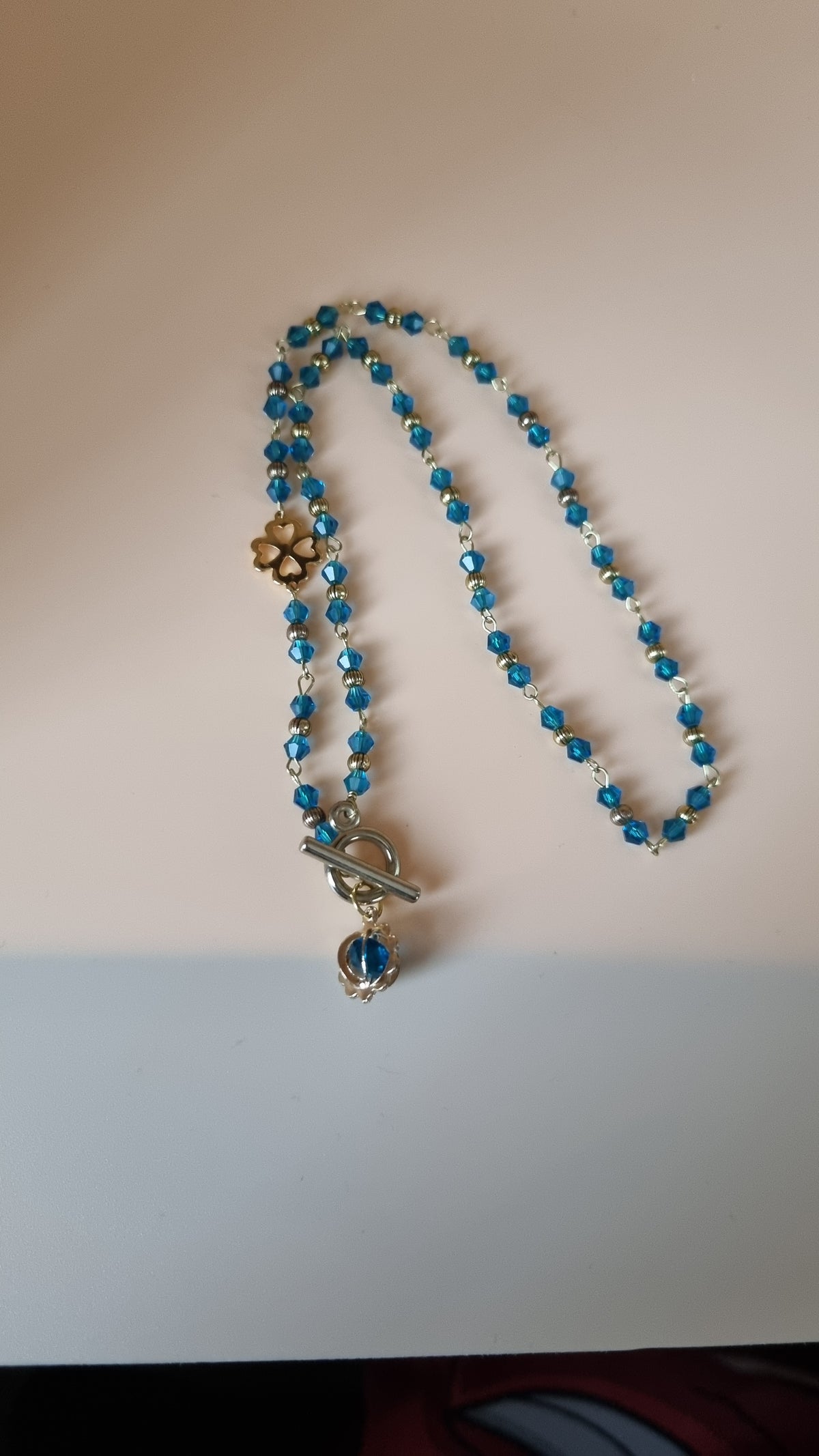 Handmade necklace with aqua color glass crystal beads very nice necklace