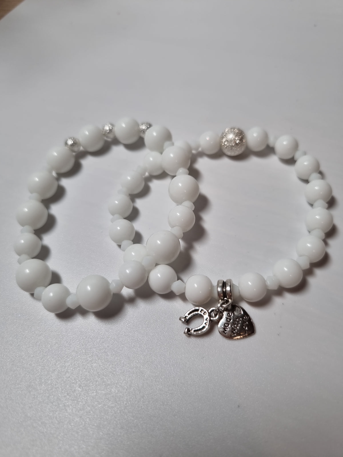Handmade bracelets from gemstones white agate beads with silver color pendant Stretchy bracelet
