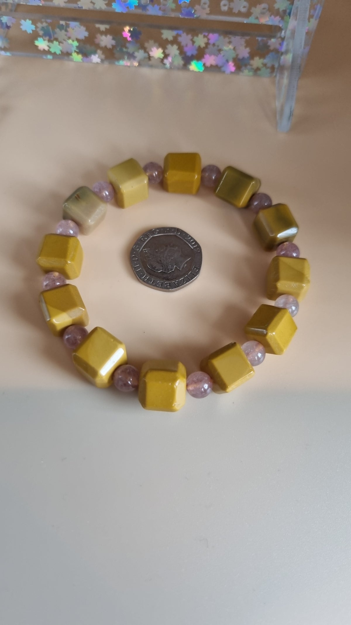 Handmade natural Stone mookite cubes 14mm and strawberry gemstone 6mm
