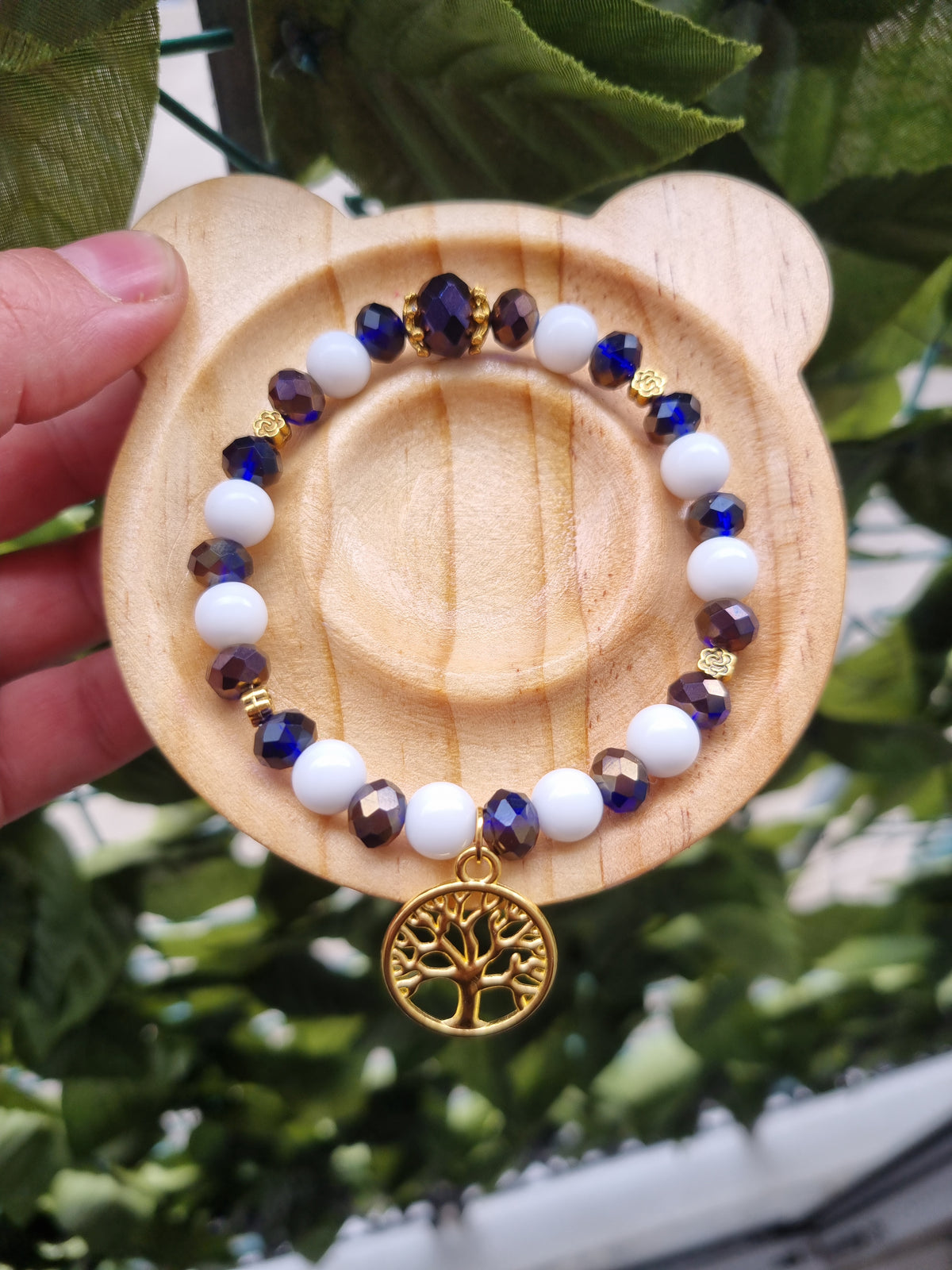Handmade bracelets from gemstones agate beads and glass beads with life tree pendant